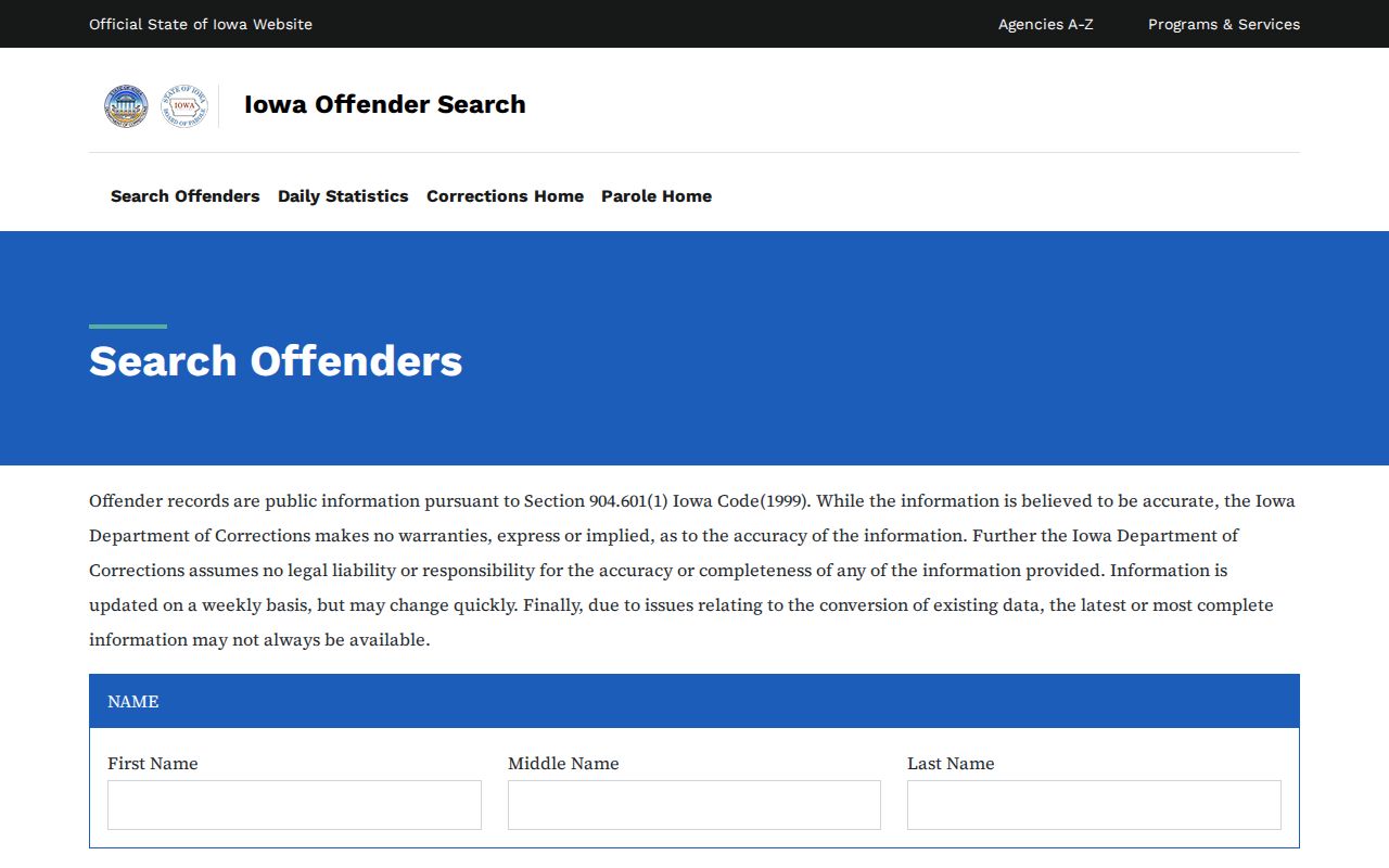 Floyd County Iowa DOC offender record search form